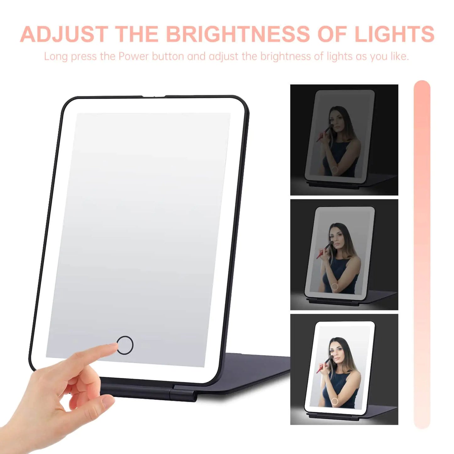 LED Foldable Travel Makeup Mirror - 5x7 inches 3 Colors Light Modes USB Rechargeable Touch Screen, Portable Tabletop Cosmetic Mirror for Travel, Cosmetic, Office (Black) Black 05x07inches