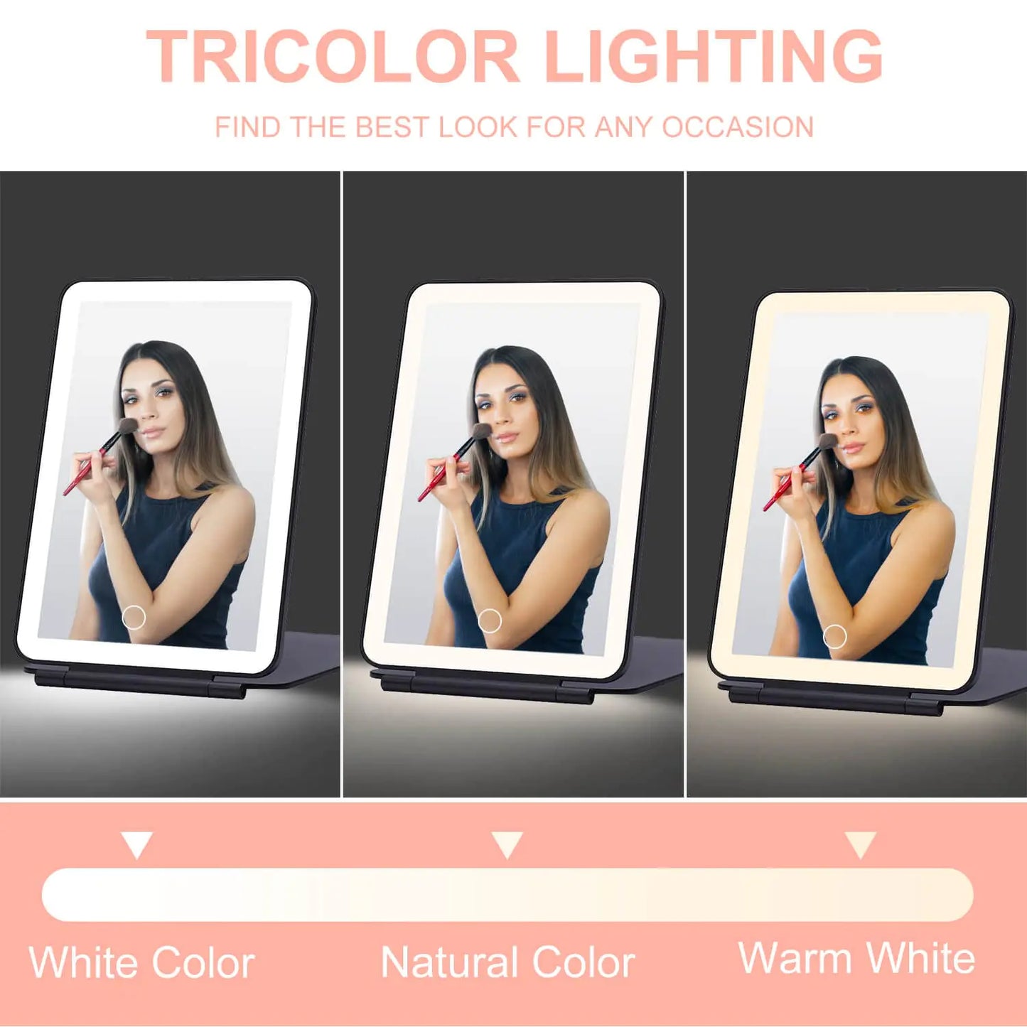 LED Foldable Travel Makeup Mirror - 5x7 inches 3 Colors Light Modes USB Rechargeable Touch Screen, Portable Tabletop Cosmetic Mirror for Travel, Cosmetic, Office (Black) Black 05x07inches