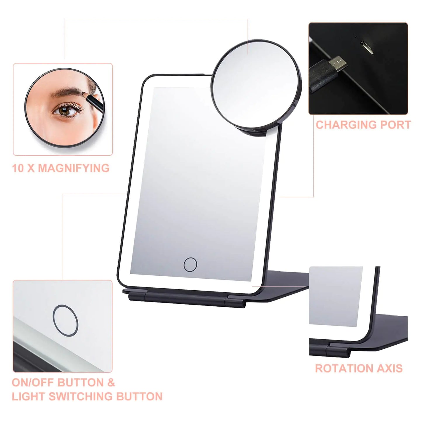 LED Foldable Travel Makeup Mirror - 5x7 inches 3 Colors Light Modes USB Rechargeable Touch Screen, Portable Tabletop Cosmetic Mirror for Travel, Cosmetic, Office (Black) Black 05x07inches