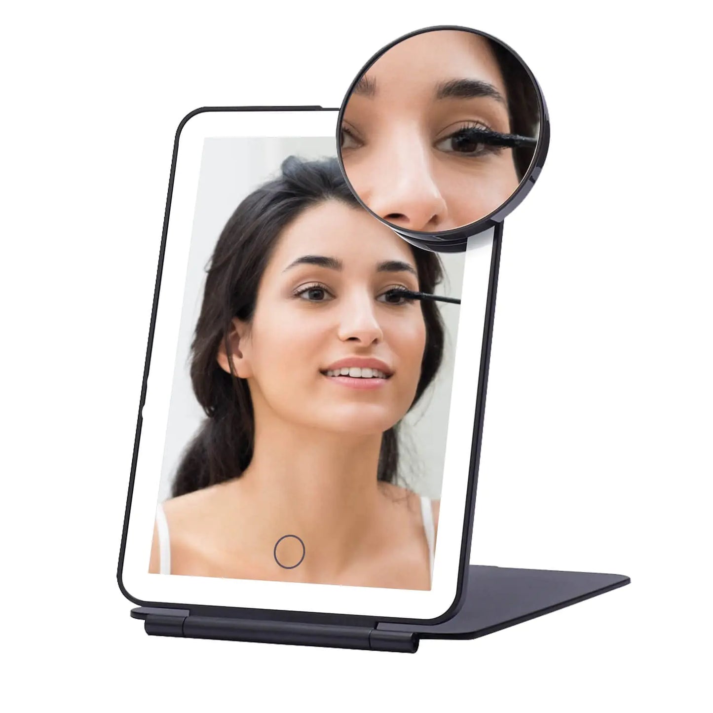 LED Foldable Travel Makeup Mirror - 5x7 inches 3 Colors Light Modes USB Rechargeable Touch Screen, Portable Tabletop Cosmetic Mirror for Travel, Cosmetic, Office (Black) Black 05x07inches